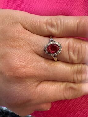 Sterling Halo Ring with Deep Pink lab created Ruby Oval Gemstone and lab diamond